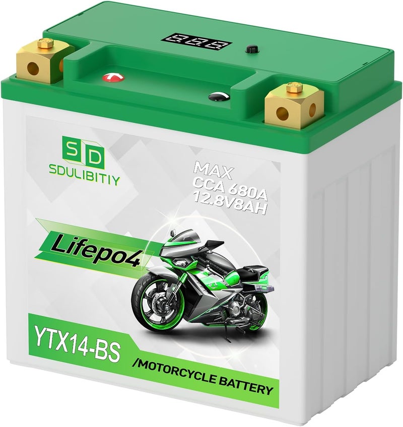 SDULIBITIY بطارية دراجة نارية ليثيوم LiFePO4 YTX14-BS 12.8V 8Ah 680CCA بطارية رياضية للدراجات النارية، متوافقة مع ATV، UTV، جت سكي، بطارية مولد، 4 عجلات - Image 1